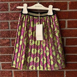 Gucci bow lame jacquard pleated skirt, metallic green/pink GG Guccissima 8 NWT